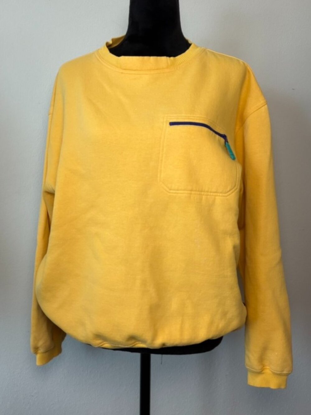 VTG GH Bass & Co Yellow Crewneck Sweatshirt Chest Pocket Zip Colorblock Medium